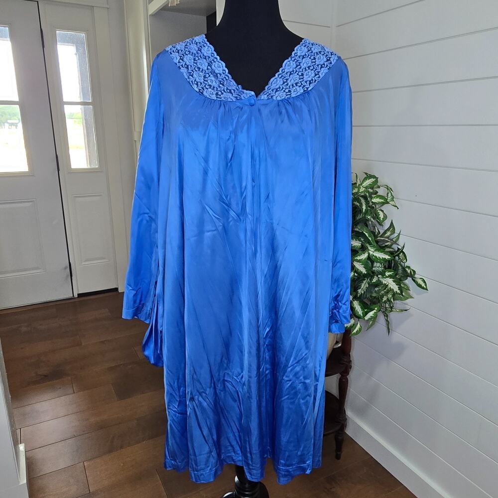 Vintage Vanity Fair 2X Blue Nylon Peignoir Robe Lace Long Sleeve Lingerie
